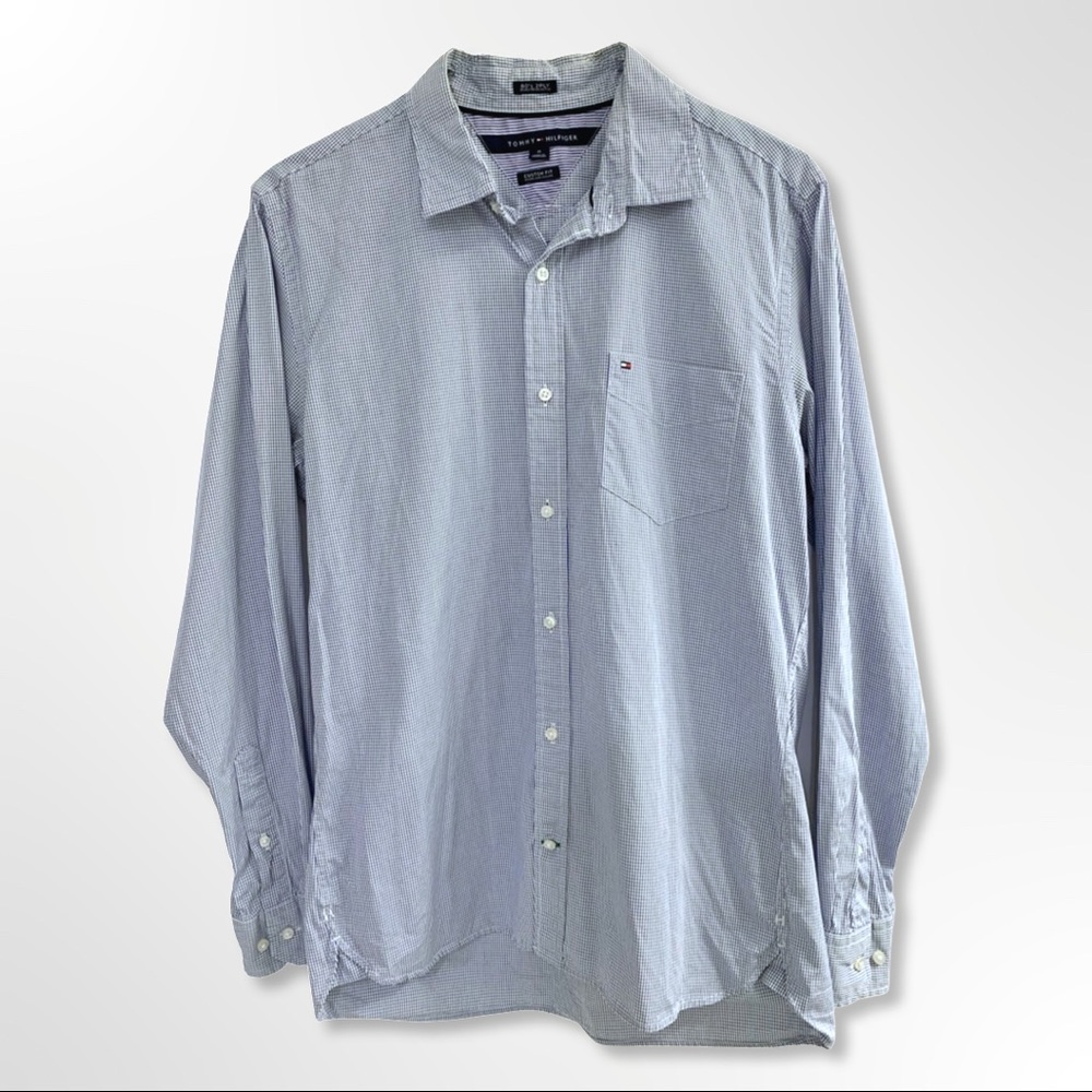 TOMMY HILFIGER • Men’s Custom Fit Blue, White Long Sleeve Checkered 80s 2PLY